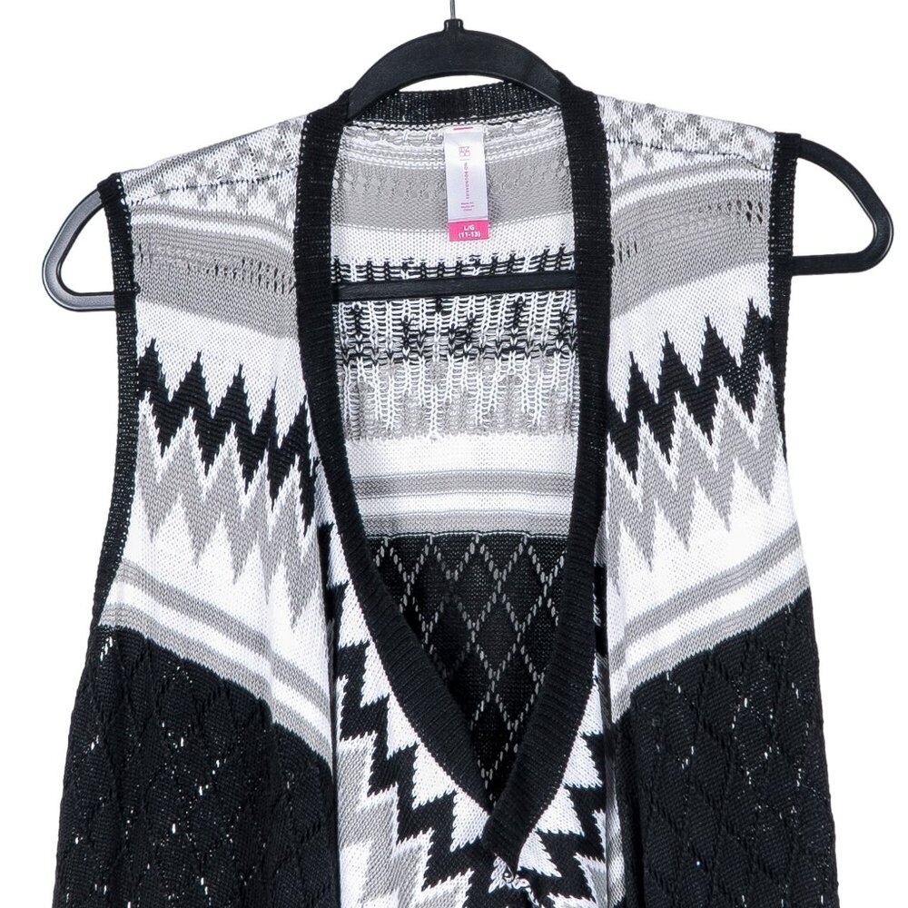 No Boundaries Cardigan Sweater L 11 13 Juniors Sleeveless Gray Black White Knit - Picture 2 of 6